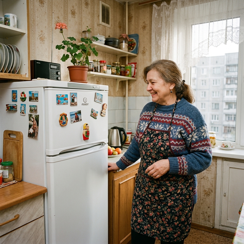 Довольная клиентка осматривает починенный холодильник